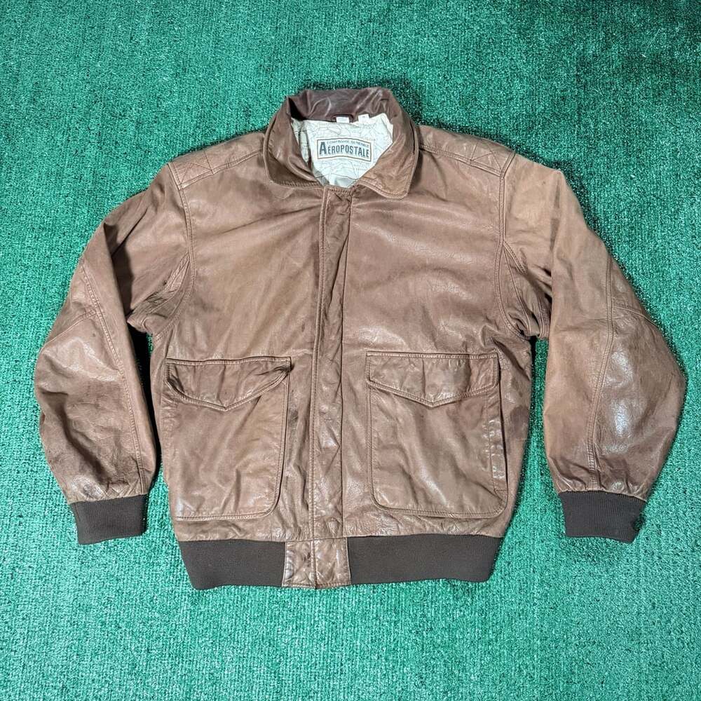 Aeropostale Vintage Brown Genuine Leather Bomber Jacket Medium